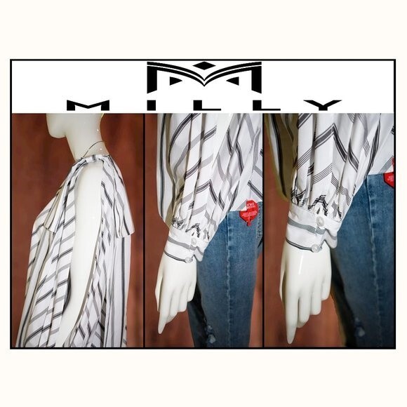 MILLY NEW NINA Stripe One-Shoulder Cotton Poplin Top 8 - Picture 6 of 12